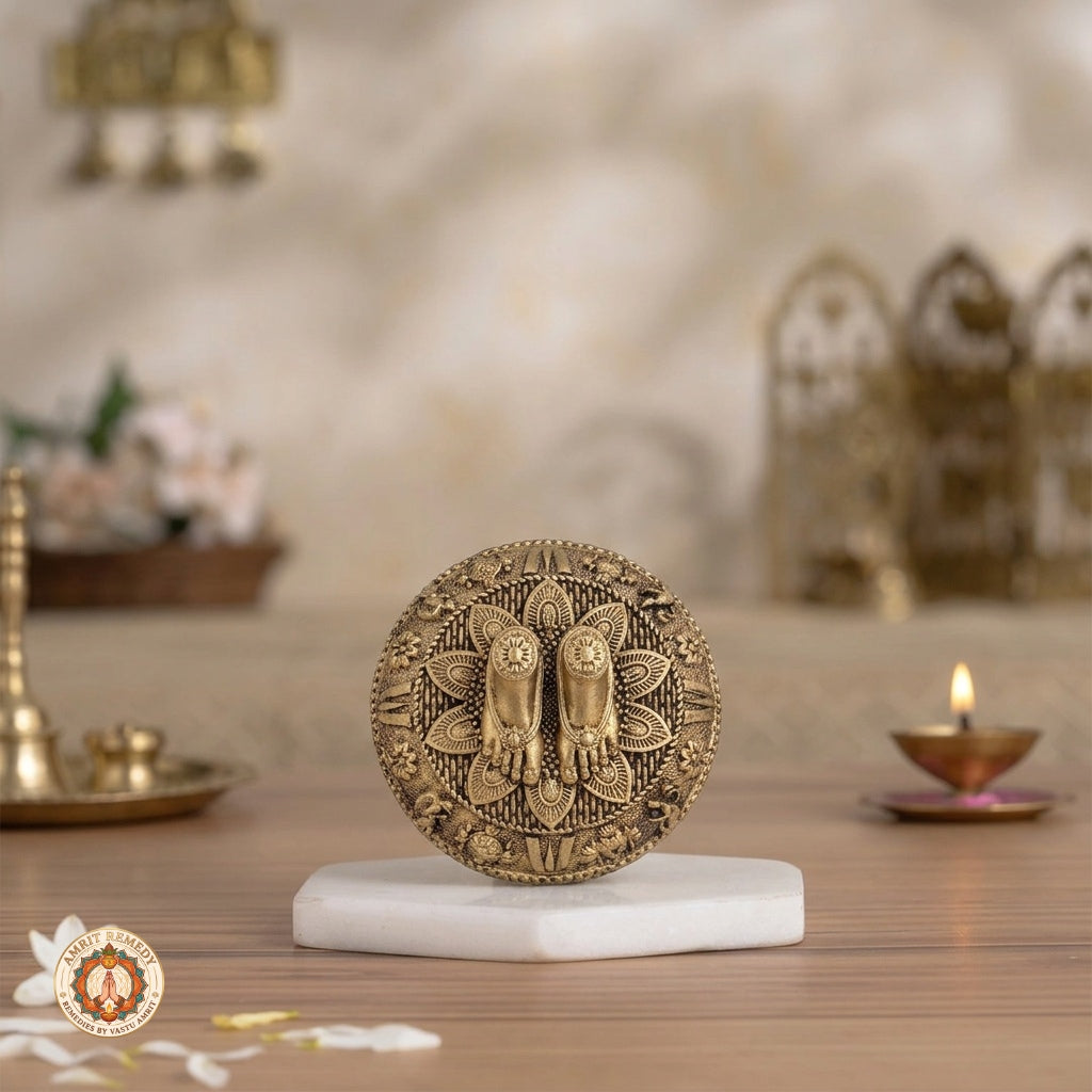Brass Lakshmi Vishnu Charan Paduka for Wealth, Protection & Puja (3.5 cm)