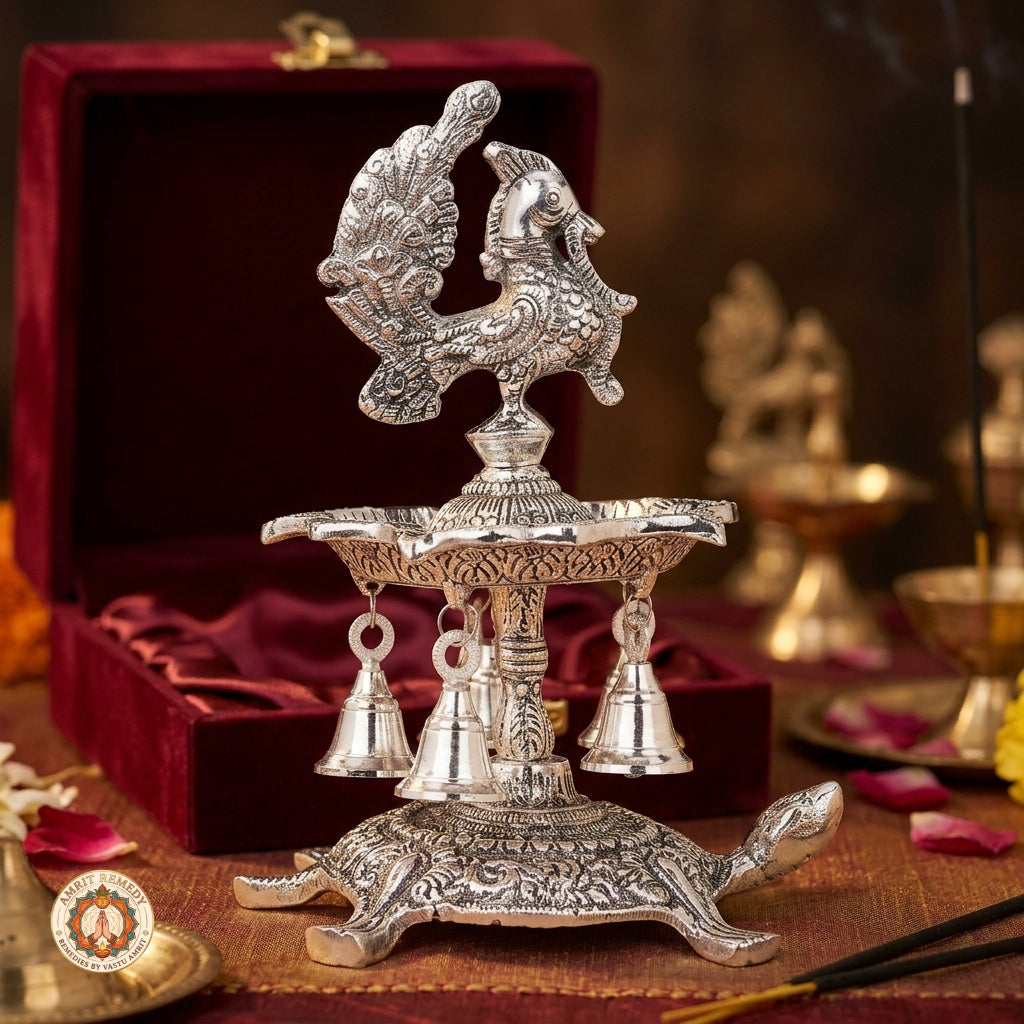 Silver Plated Peacock Diya with Tortoise Pedestal & Bells (25 cm)
