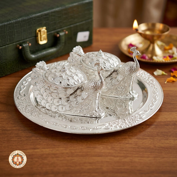 Auspicious Silver Finish Peacock Bhog & Dry Fruit Tray Set in Luxury Gift Box