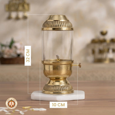 Brass Akhand Diya with Cylindrical Glass Cover & Side Knob (32 cm)
