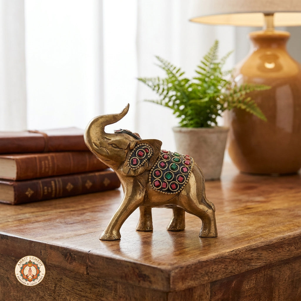 Brass Trunk-Up Elephant with Stone Work for Decor & Vastu (12 cm)