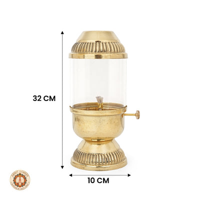 Brass Akhand Diya with Cylindrical Glass Cover & Side Knob (32 cm)