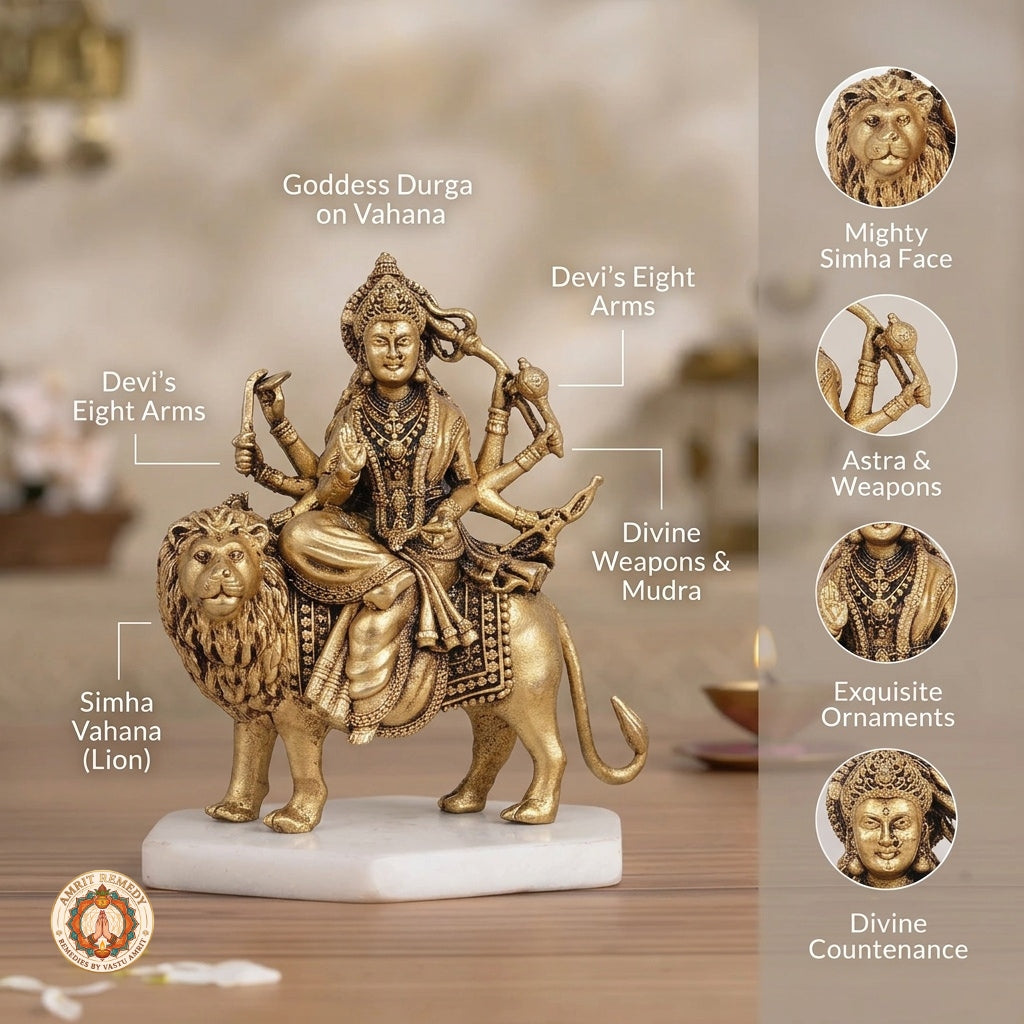 Brass Simha Vahini Durga Murti for Strength, Courage & Protection