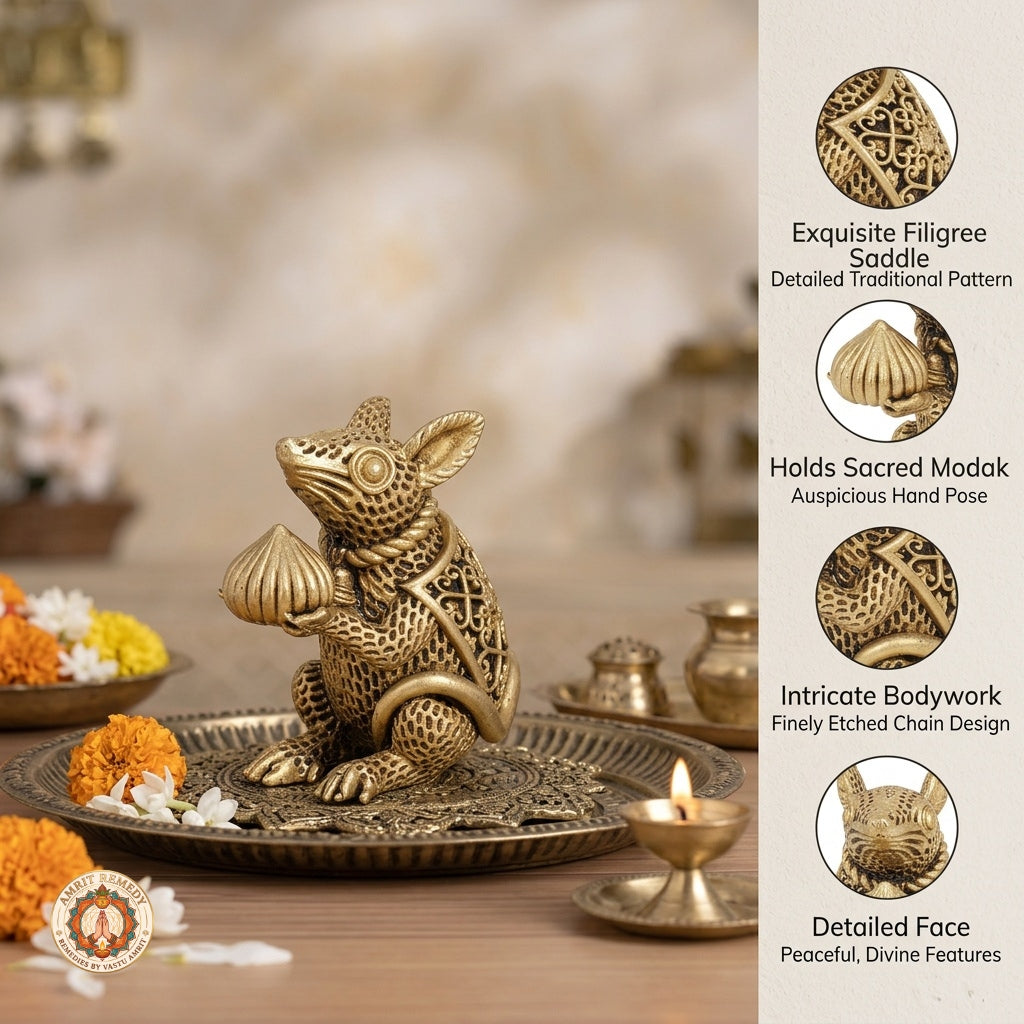 Brass Mooshak Vahana Murti with Modak for Home Mandir & Office Desk (9 cm)