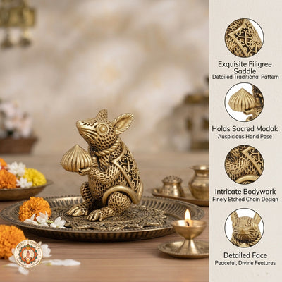 Brass Mooshak Vahana Murti with Modak for Home Mandir & Office Desk (9 cm)