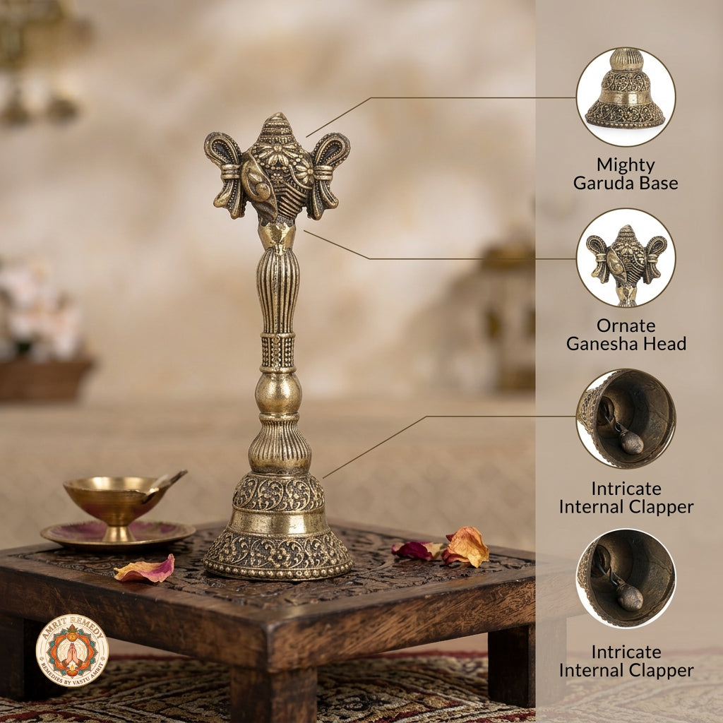 Handcrafted Brass Pooja Ghanti with Ganesha Shankh (19.5 cm)