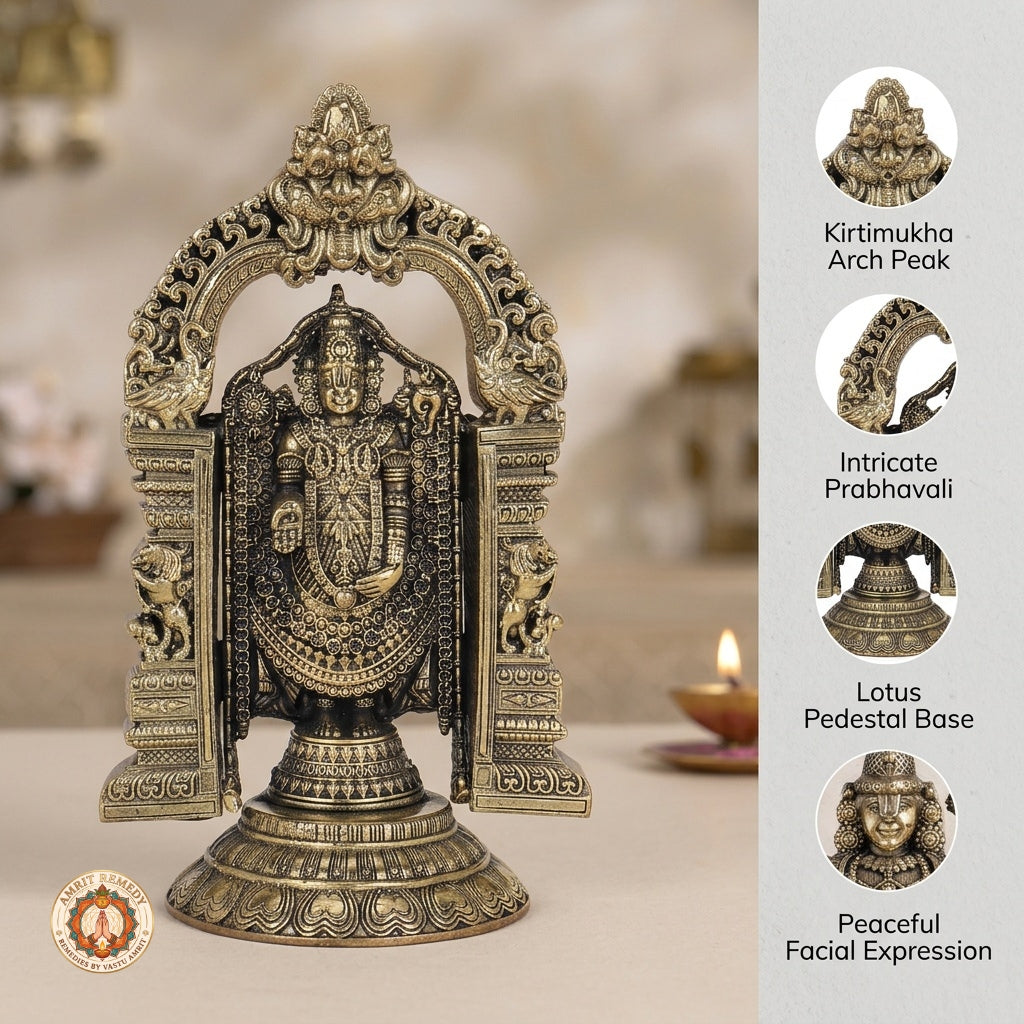 Brass Tirupati Balaji Murti with Prabhavali Arch for Wealth, Debt Relief & Vastu (17 cm)