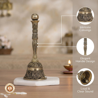 Brass Mandir Ghanti with Intricate Floral Scroll Carvings (14.5 cm)