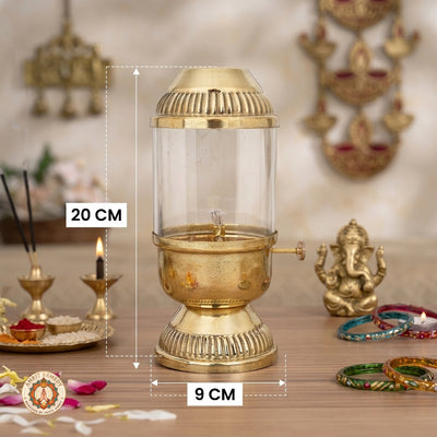 Brass Akhand Diya with Cylindrical Glass Cover & Side Knob (20 cm)