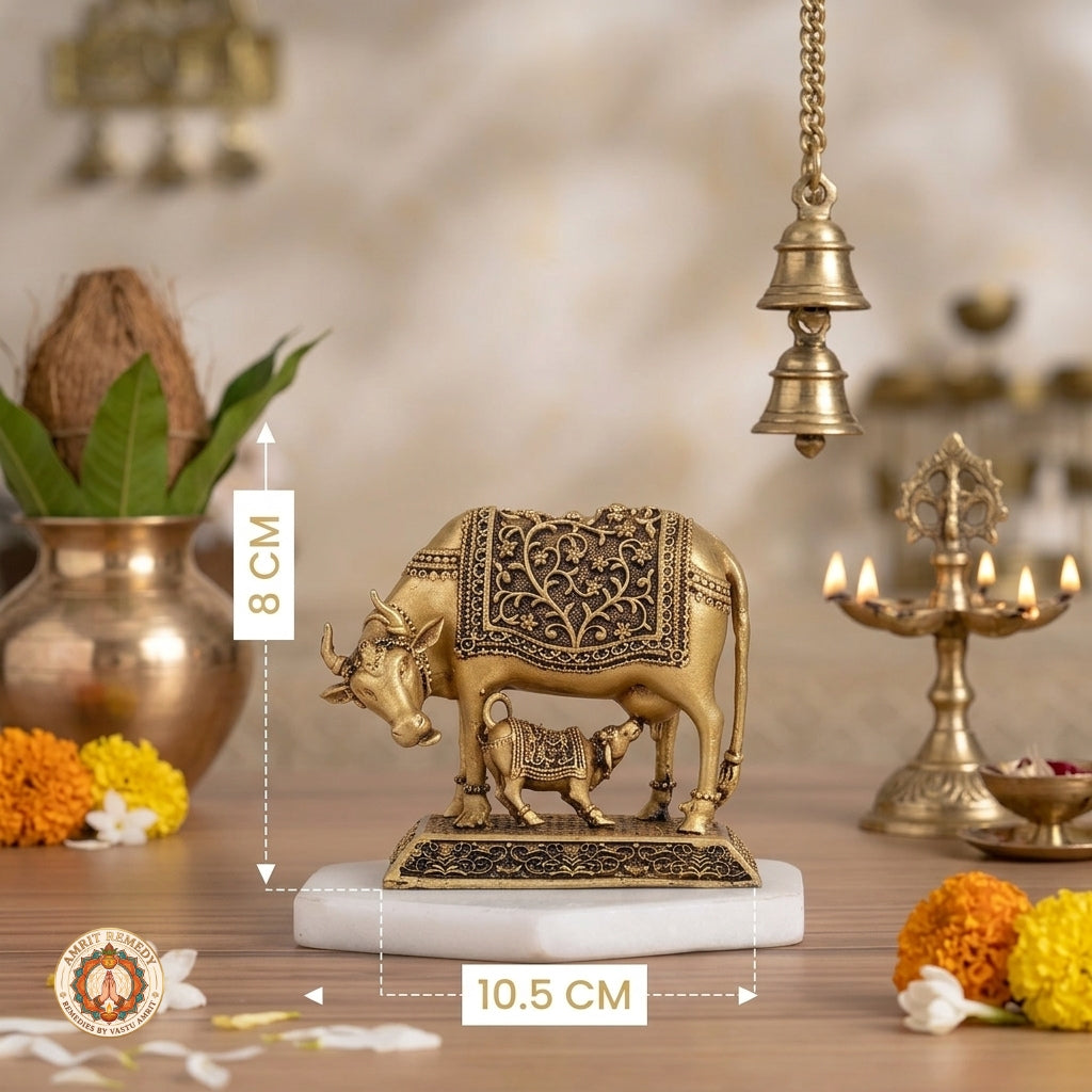 Brass Kamadhenu with Calf Idol for Abundance, Fertility & Peace