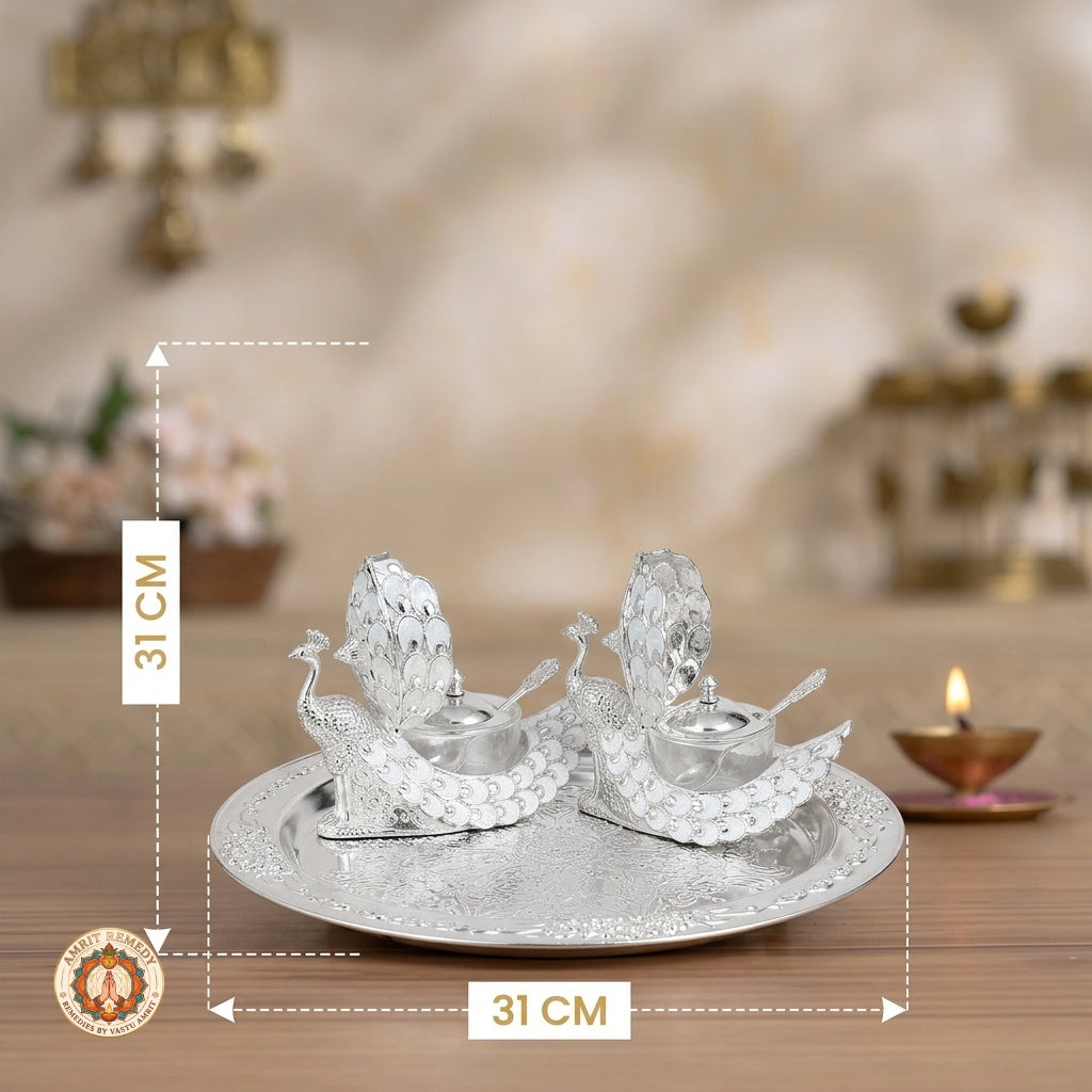 Auspicious Silver Finish Peacock Bhog & Dry Fruit Tray Set in Luxury Gift Box