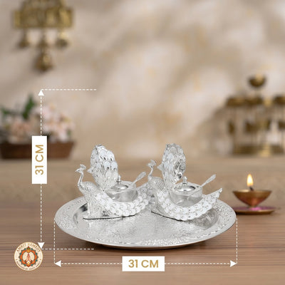 Auspicious Silver Finish Peacock Bhog & Dry Fruit Tray Set in Luxury Gift Box