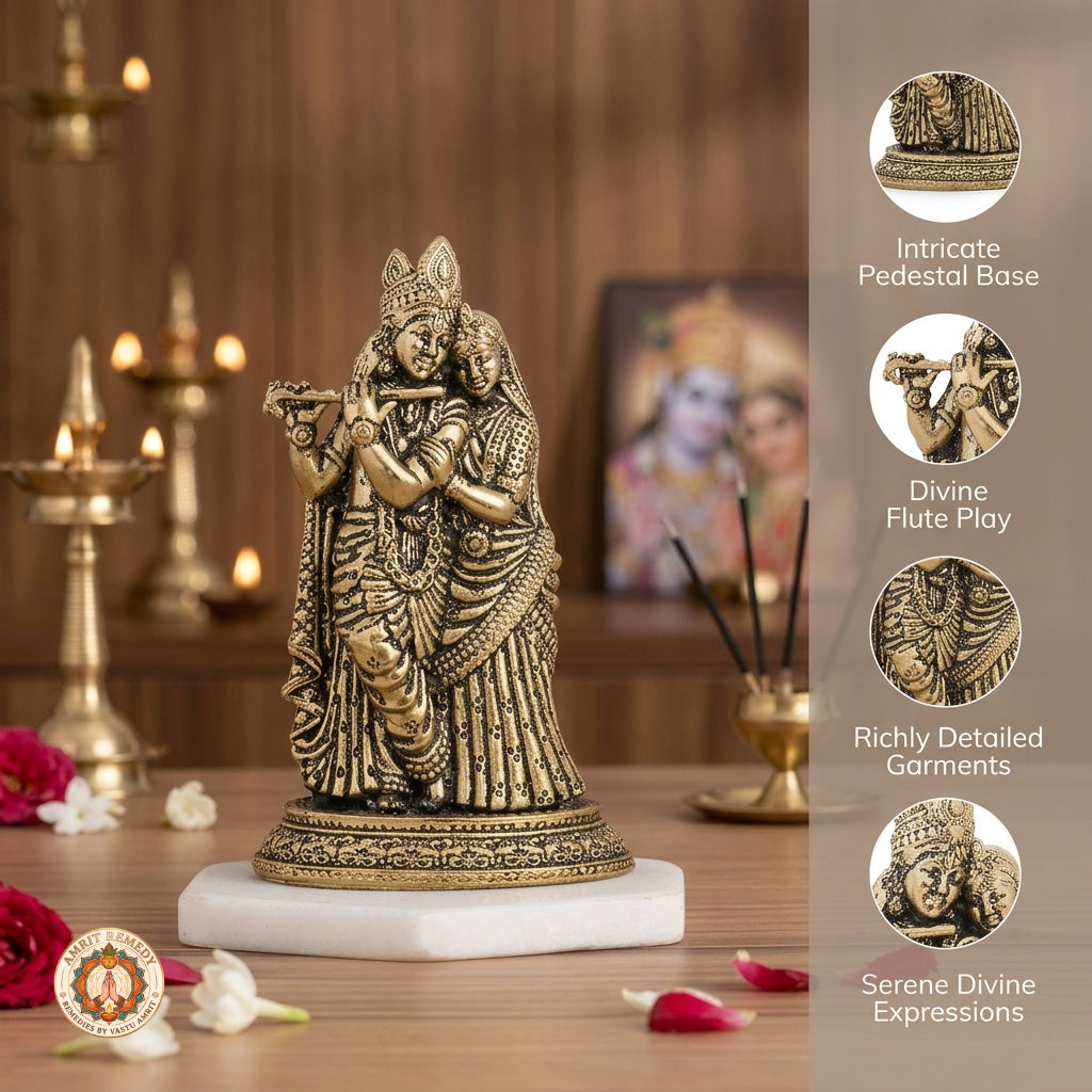 BrassRadha Krishna Murti for Home Temple & Car Dashboard (9.5 cm)