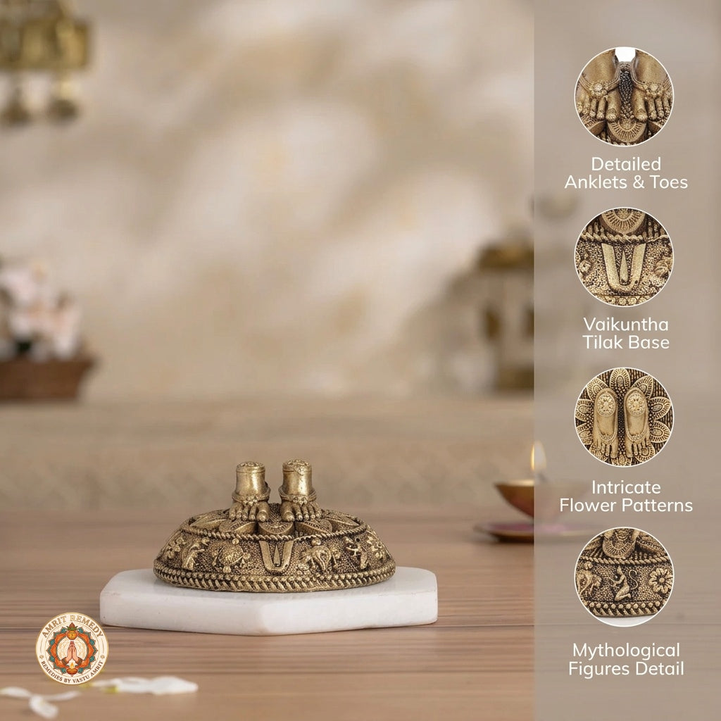 Brass Lakshmi Vishnu Charan Paduka for Wealth, Protection & Puja (3.5 cm)