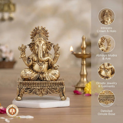 Brass Ganesha Murti on Chowki for Mandir & Office Desk