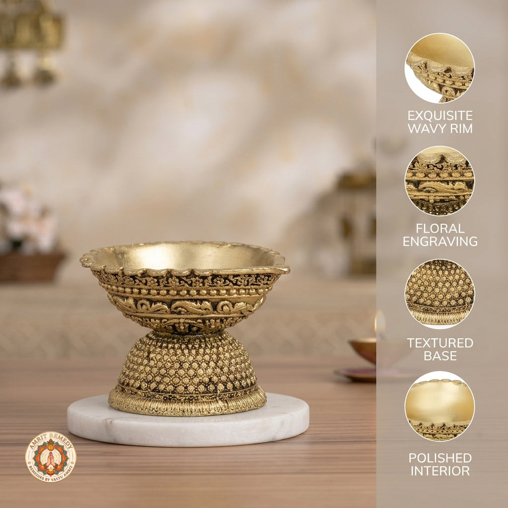 Brass Carved Aarti Diya on Textured Pedestal for Mandir (4 cm)