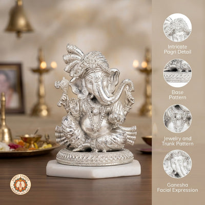 Silver Plated Brass Pagdi Ganesha Murti for Mandir & Living Room (11 cm)