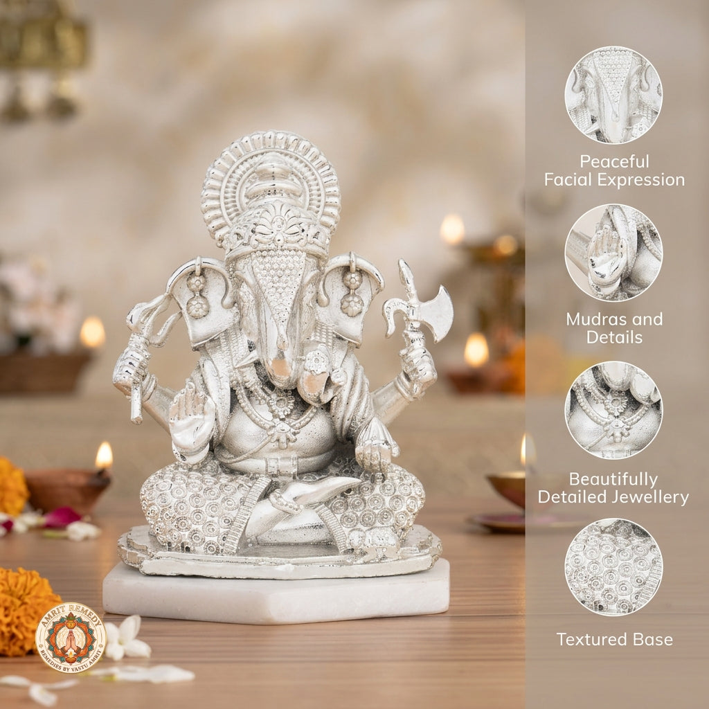 Auspicious Silver Plated Brass Ganpati Murti for Wealth, Wisdom & Vastu (6 cm)