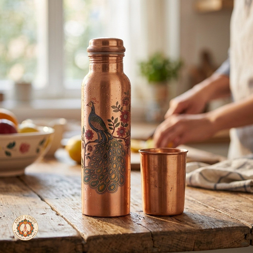 Pure Copper Bottle & Tumbler Drinkware Set with Royal Peacock Print (27 cm)