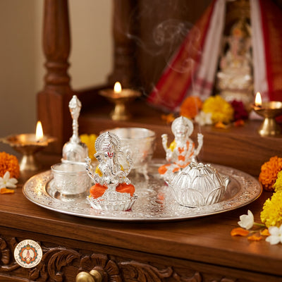 Auspicious Silver Plated Complete Mandir Thali Set in Leatherette Suitcase Gift Box