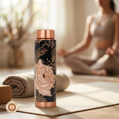 Handcrafted Pure Copper Water Bottle with Hand-Painted Blush Rose & Black Enamel Artwork (18 cm)