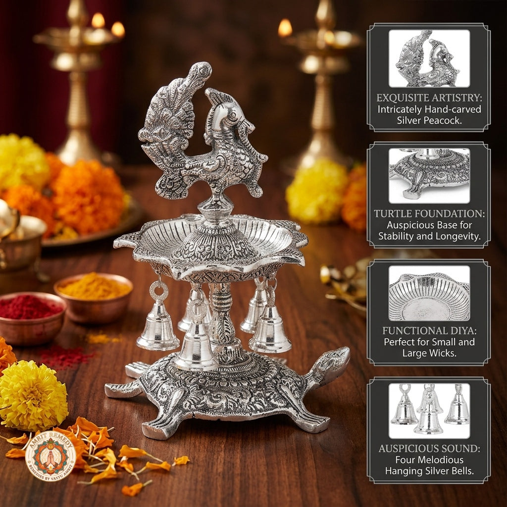 Silver Plated Peacock Diya with Tortoise Pedestal & Bells (25 cm)