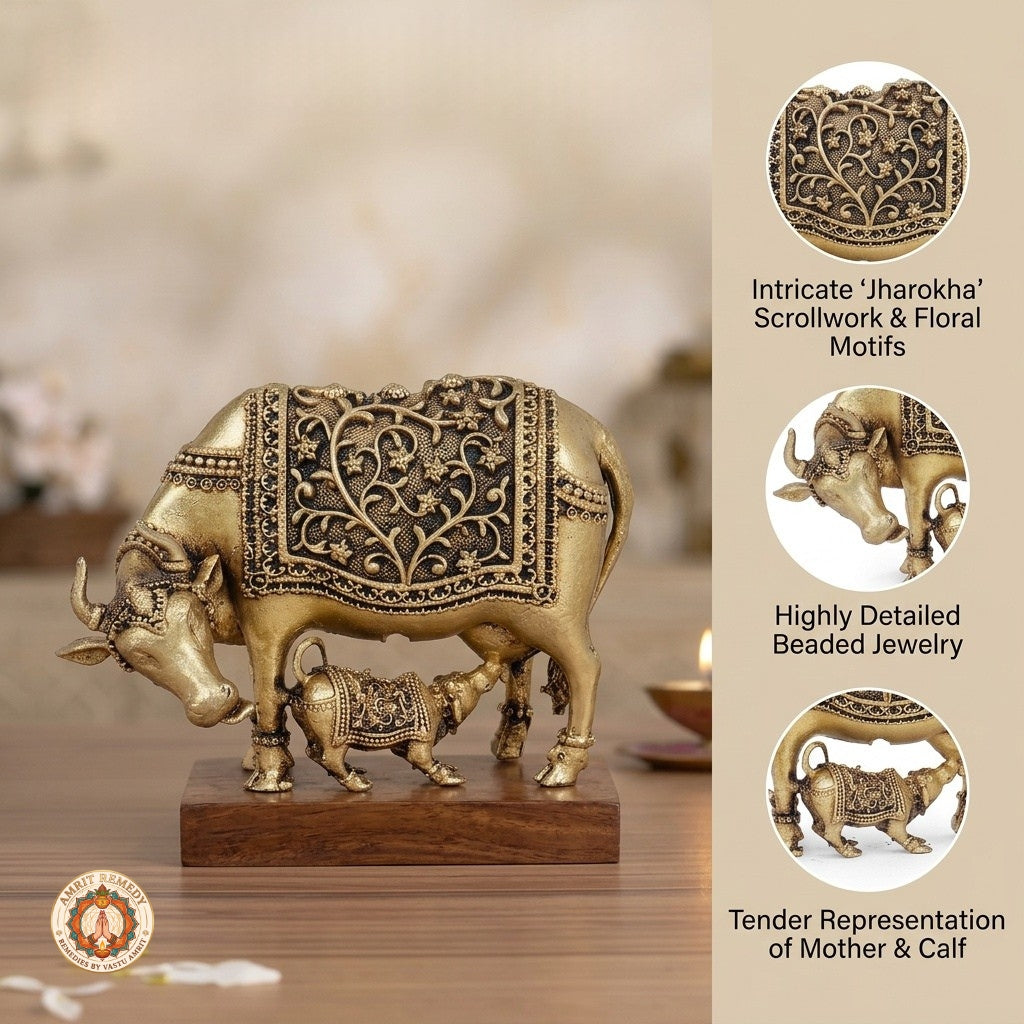 Brass Kamdhenu Cow and Calf Murti for Abundance, Wish Fulfillment & Domestic Peace