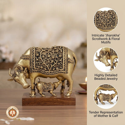 Brass Kamdhenu Cow and Calf Murti for Abundance, Wish Fulfillment & Domestic Peace