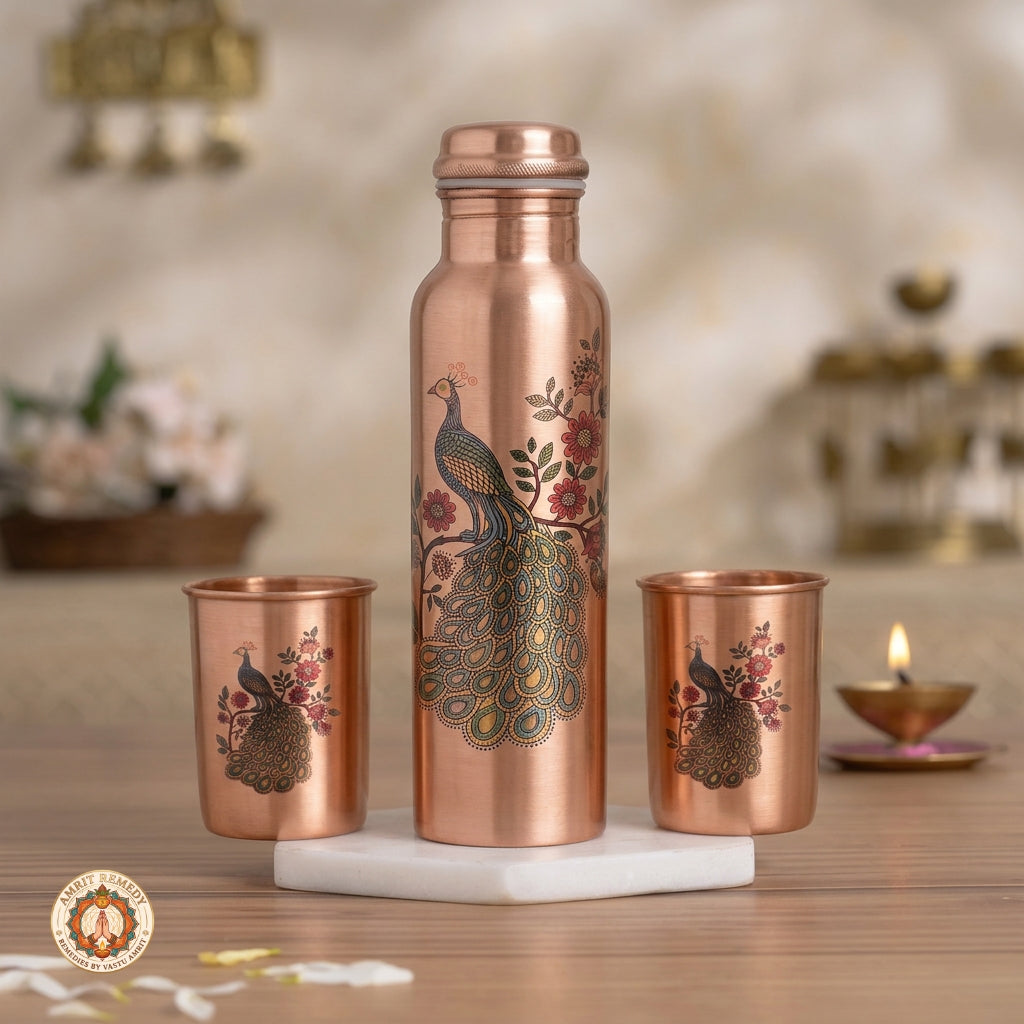 Pure Copper Bottle & Tumbler Drinkware Set with Royal Peacock Print (27 cm)