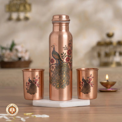 Pure Copper Bottle & Tumbler Drinkware Set with Royal Peacock Print (27 cm)