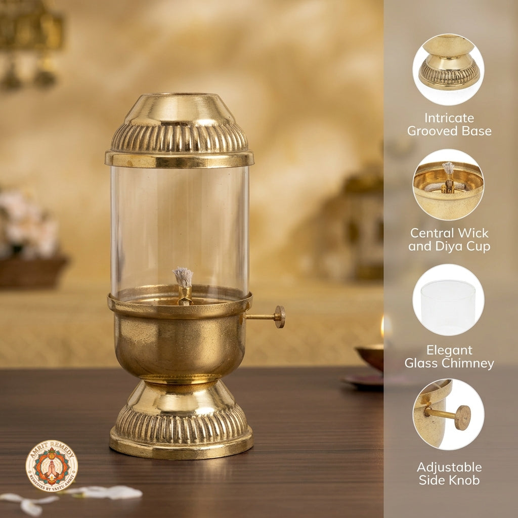 Brass Akhand Diya with Cylindrical Glass Cover & Side Knob (32 cm)