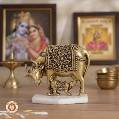 Brass Kamdhenu Cow and Calf Murti for Abundance, Wish Fulfillment & Domestic Peace