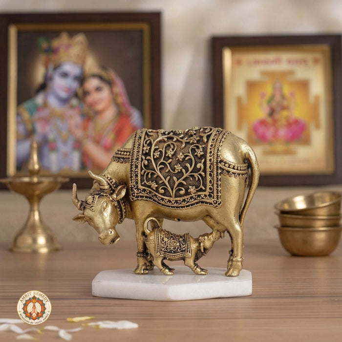 Brass Kamdhenu Cow and Calf Murti for Abundance, Wish Fulfillment & Domestic Peace