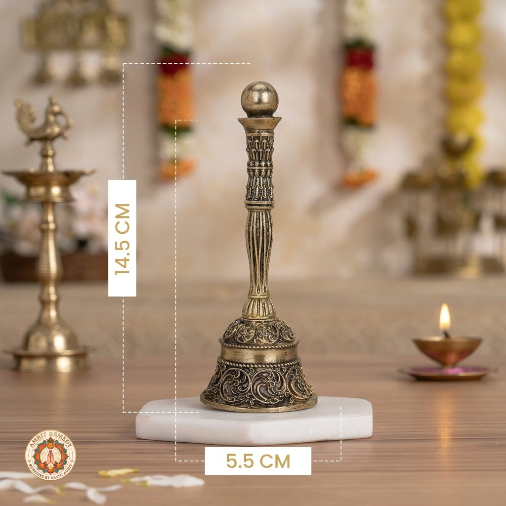 Brass Mandir Ghanti with Intricate Floral Scroll Carvings (14.5 cm)