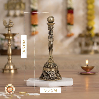 Brass Mandir Ghanti with Intricate Floral Scroll Carvings (14.5 cm)