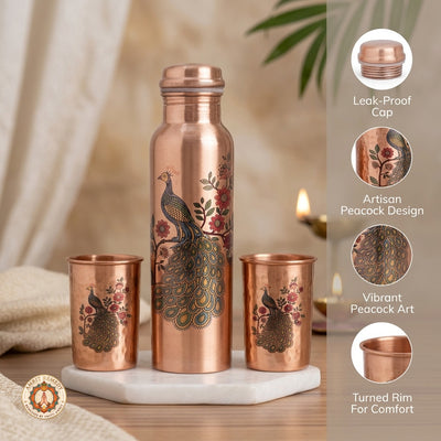 Pure Copper Bottle & Tumbler Drinkware Set with Royal Peacock Print (27 cm)