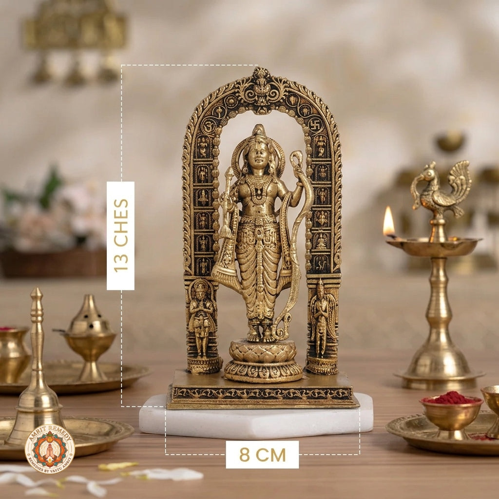 Brass Ayodhya Ram Lalla Murti with Ornate Prabhavali & Bow (13CM)