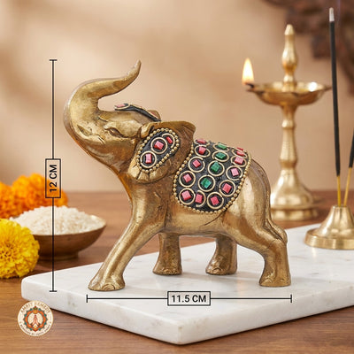 Brass Trunk-Up Elephant with Stone Work for Decor & Vastu (12 cm)