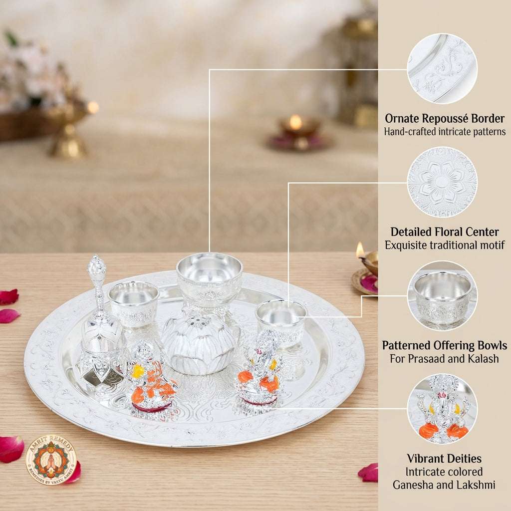 Auspicious Silver Plated Complete Mandir Thali Set in Leatherette Suitcase Gift Box