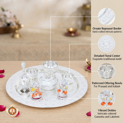 Auspicious Silver Plated Complete Mandir Thali Set in Leatherette Suitcase Gift Box