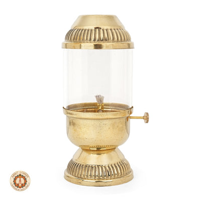 Brass Akhand Diya with Cylindrical Glass Cover & Side Knob (20 cm)