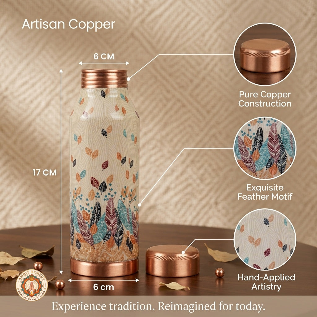 Ayurvedic Pure Copper Bottle with Hand-Applied Feather Motifs (17 cm)