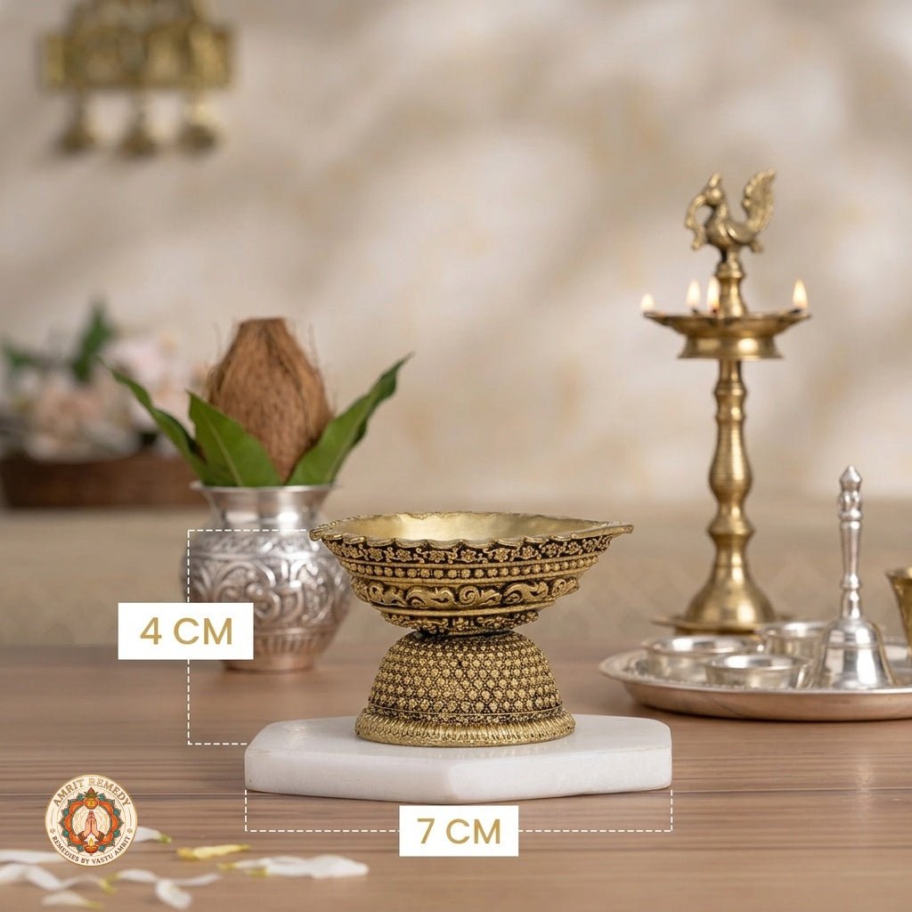 Brass Carved Aarti Diya on Textured Pedestal for Mandir (4 cm)