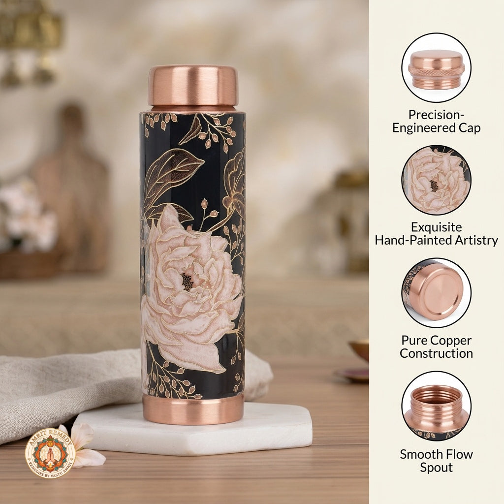 Handcrafted Pure Copper Water Bottle with Hand-Painted Blush Rose & Black Enamel Artwork (18 cm)