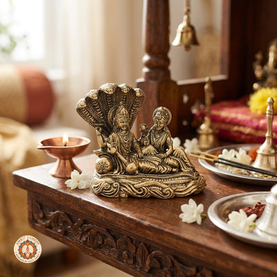 Brass Vishnu Lakshmi Sheshnaag Murti for Mandir & Home Decor