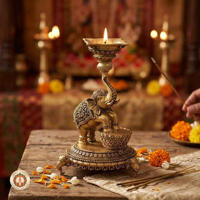 Brass Royal Elephant Diya Stand for Home Temple & Decor