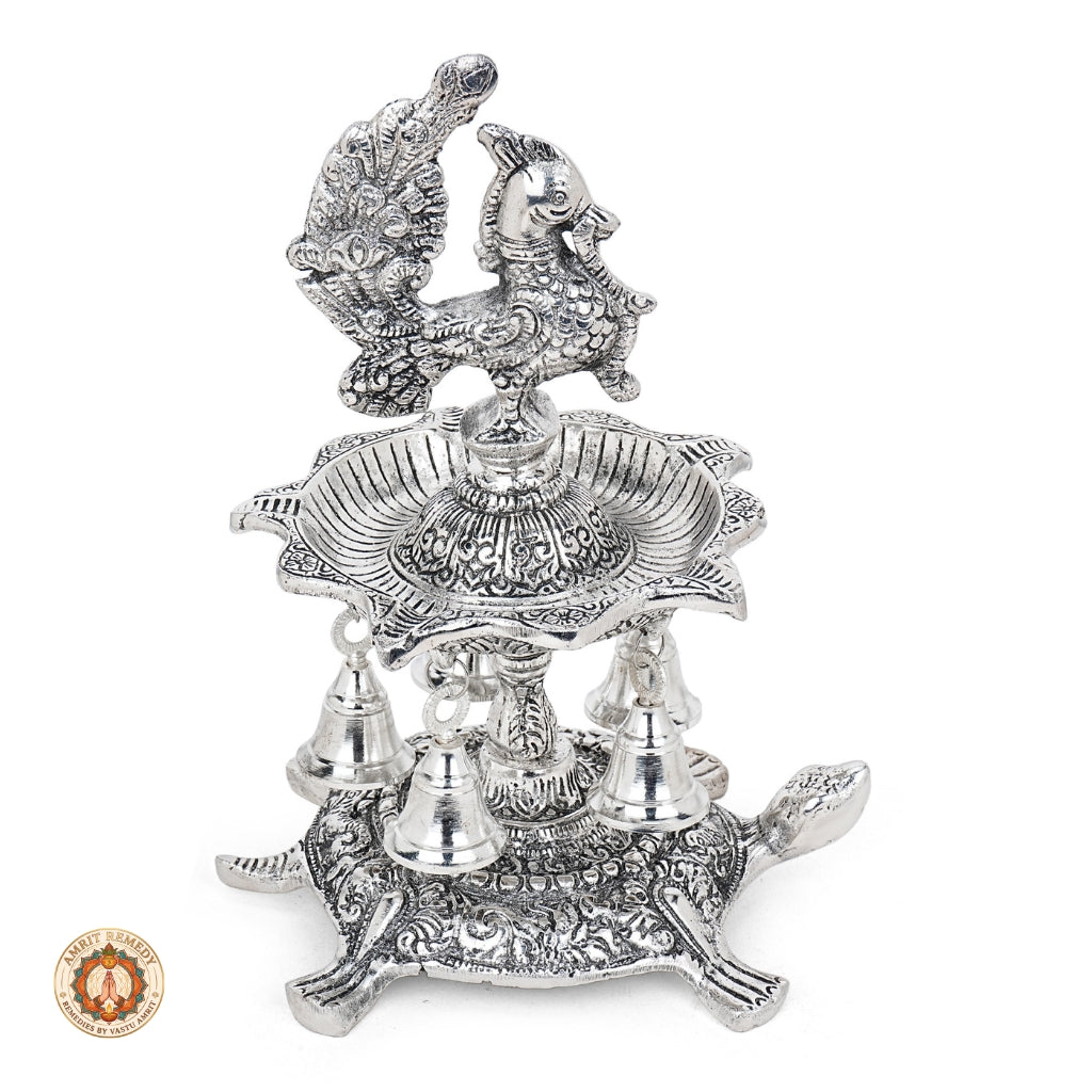 Silver Plated Peacock Diya with Tortoise Pedestal & Bells (25 cm)