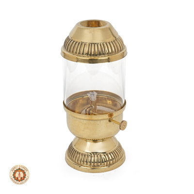 Brass Akhand Diya with Cylindrical Glass Cover & Side Knob (20 cm)