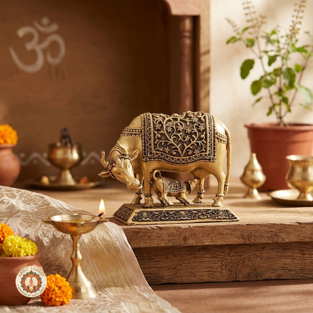 Brass Kamadhenu with Calf Idol for Abundance, Fertility & Peace