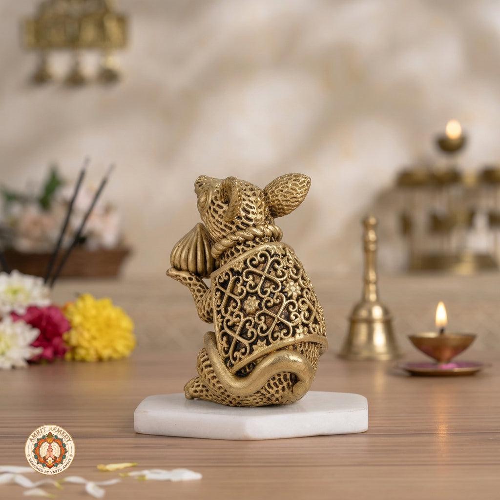 Brass Mooshak Vahana Murti with Modak for Home Mandir & Office Desk (9 cm)